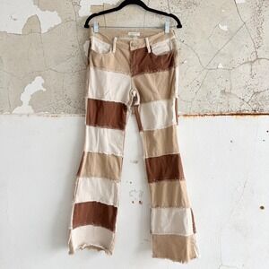 Patchwork Flare Jeans Boho Frayed Low Rise Denim Womens 29 Festival Retro